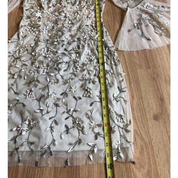 THEIA Hand-Beaded & Petal Applique 3/4 Bell-Sleeve Dress Women’s SIZE 4 - Picture 10 of 14